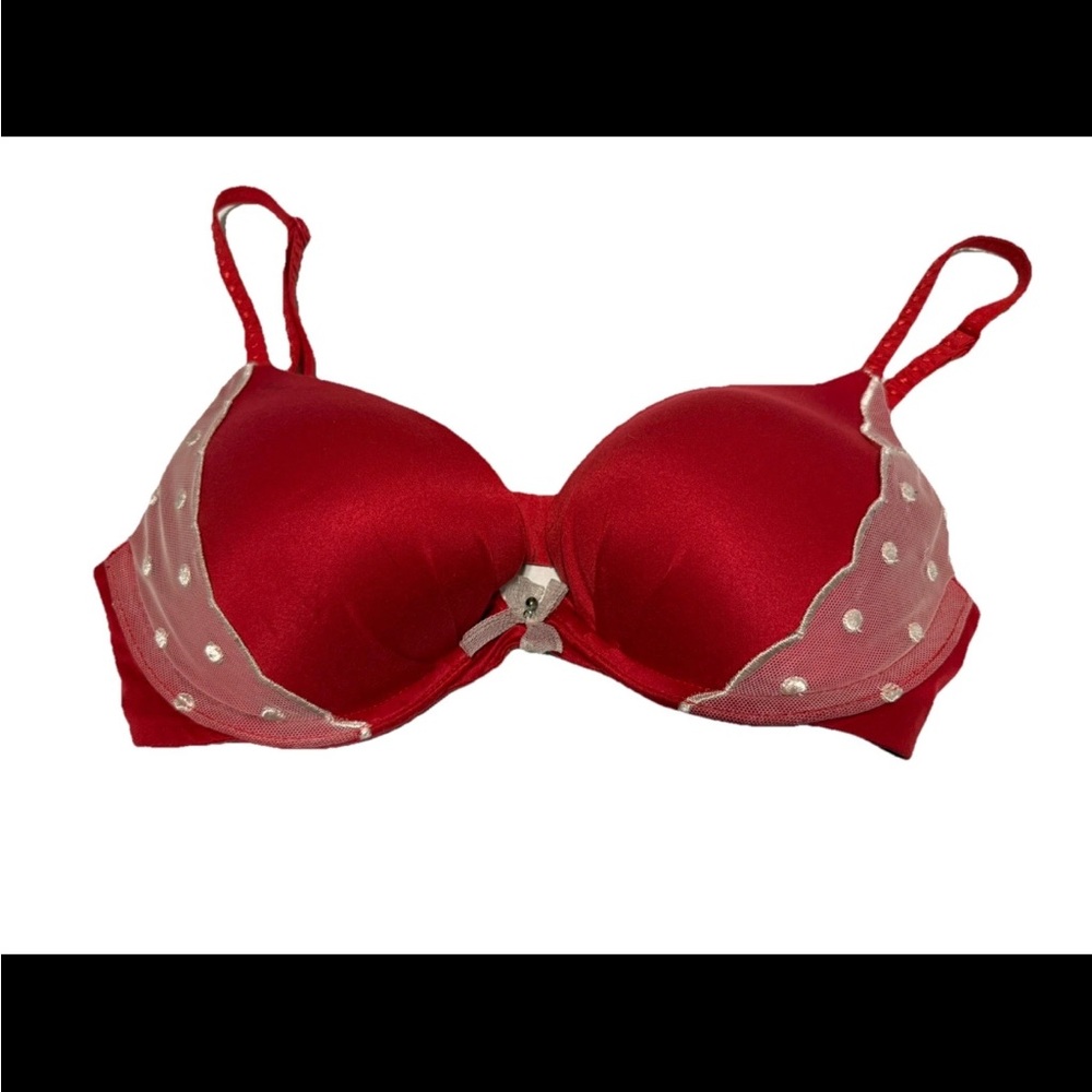 Victorias Secret Fabulous Padded Plunge Bra Red with White Lace- Size 32D